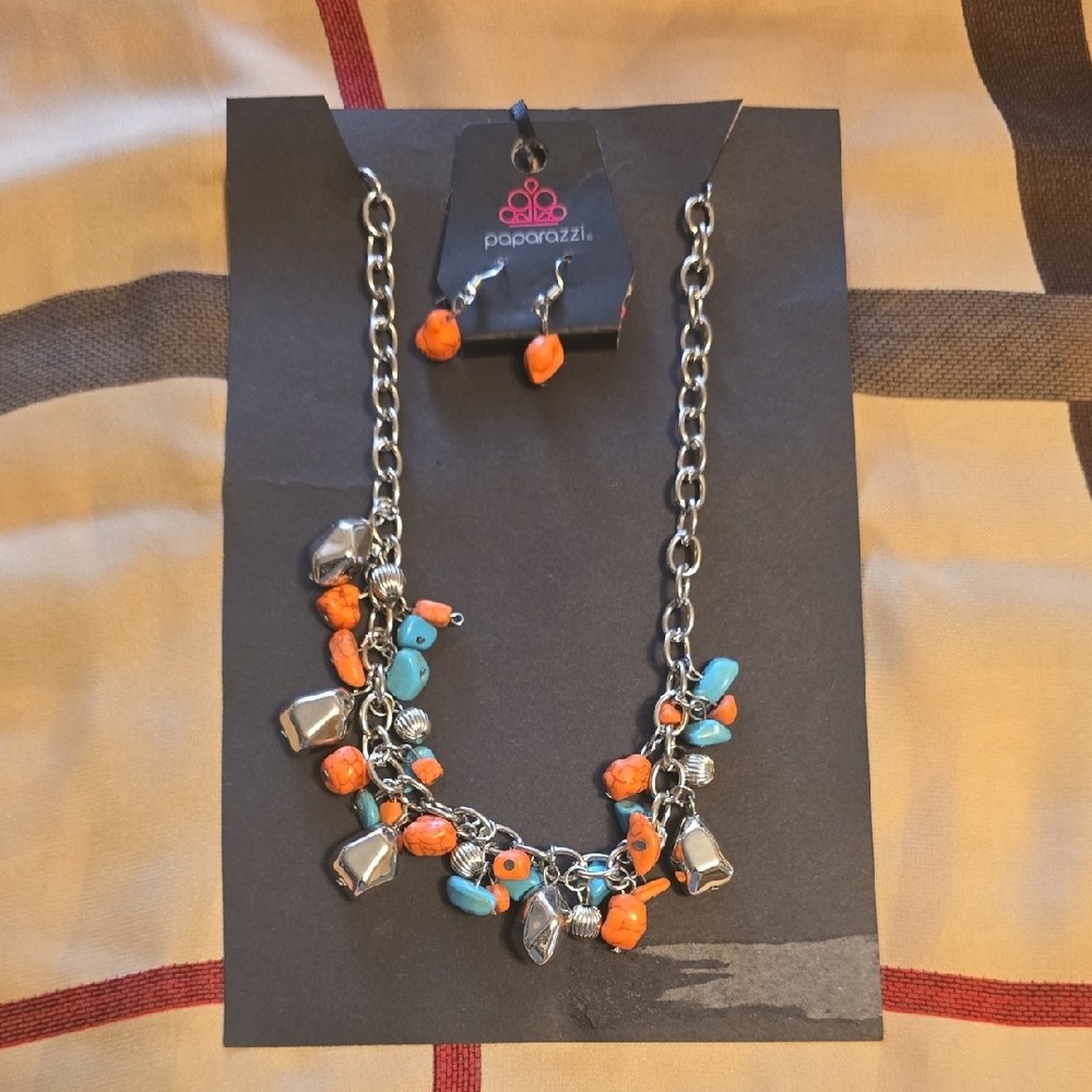 Paparazzi Silver Necklace with Orange and Blue Accents